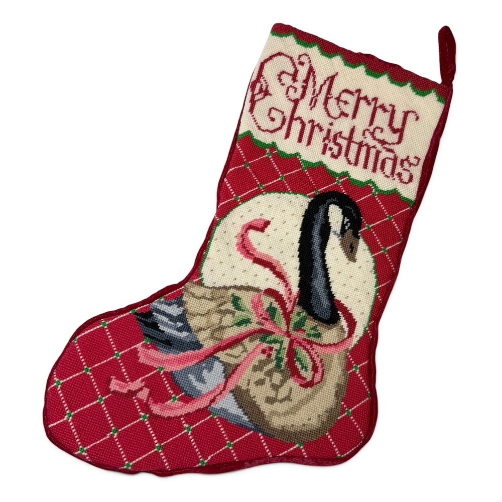 Handmade Needlepoint Christmas Stocking 20in Canada Goose Design Velvet Lined